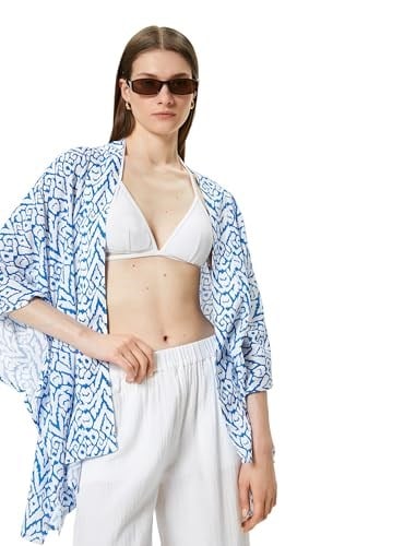 Oversize Kimono Kısa Geniş Kollu Viskoz Kumaş Etnik Desenli