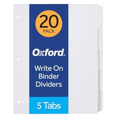 Oxford Bağlayıcı Bölücüler Üzerine Boş Yazma, 1/5 Kesilmiş Sekmeler, 5 Sekmeli Sette 3 Delik Delici Bölücü, 100 Bölücü, 20 Set, Beyaz (89981) - Seçenekler: 5 Tab, 8 Tab