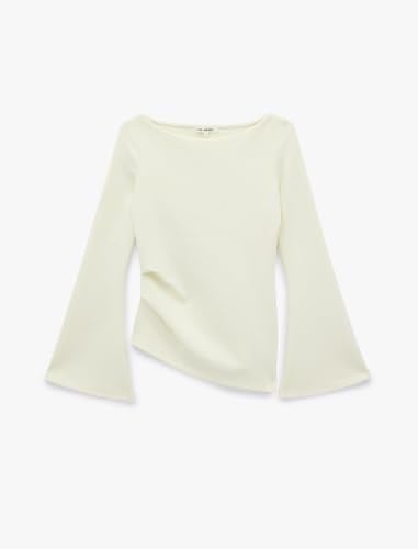Pamuklu Drapeli Asimetrik Kesim Uzun İspanyol Kol Tişört - Bedenler: S, X Small, M, L, X Large, XXL