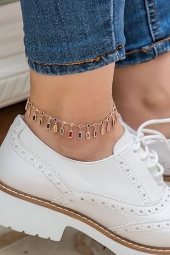Papatya Silver 925 Ayar Renkli Dikdörtgen Taşlı Hadise Gümüş Halhal Rose Altın Kaplama