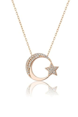 Papatya Silver 925 Ayar Rose Altın Kaplama Gümüş Ay Yıldız Kolye