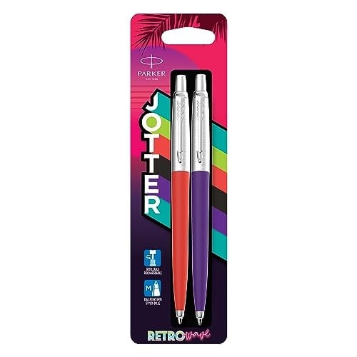 PARKER Jotter Originals Tükenmez Kalemler | Retrowave Koleksiyonu | Vermilion Kırmızı ve İndigo Moru | Mavi Mürekkep | Orta Nokta | 2 Adet
