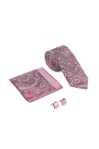 Pembe Şal Desen Kravat Mendil Kol Düğmesi Hediyelik Set