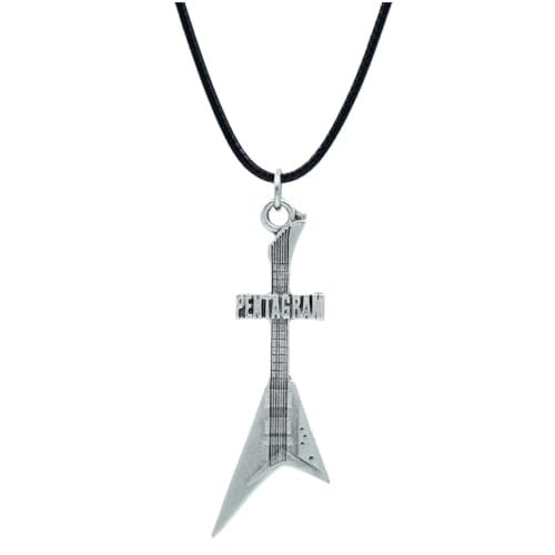 Pentagram Elektro Gitar Deri ip Kolye - Gümüş Kaplama - Kadın Erkek Kolye - No:1037