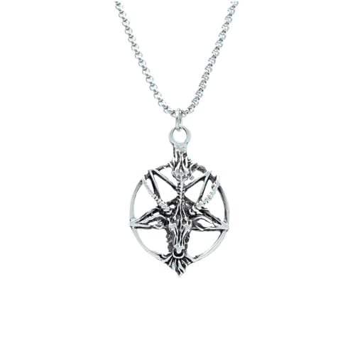 Pentagram Yıldızı Keçi Kafası Örme Zincir Kolye - Gümüş Kaplama - Erkek Kadın Kolye - No:1432
