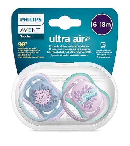 Philips Avent Ultra Air Emzik, Kız Bebekler için 6-18 Ay, 2’li Paket, Ortodontik Silikon, Geniş Hava Delikli, Mikrodalga Sterilize Edilebilir, BPA İçermez, Taşıma Kutulu, SCF085/61