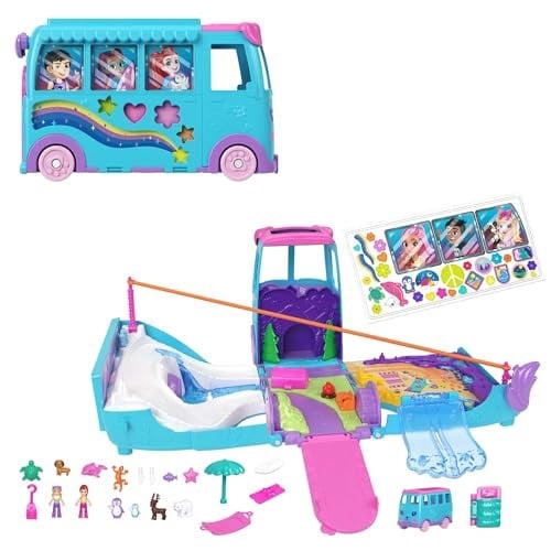 POLLY POCKET™ KARAVAN MACERASI™ Polly Pocket Karavan Macerası oyun seti, mikro bebekler, dönüştürülebilir karavan, evcil hayvanlar ve oyuncak araba JCC22
