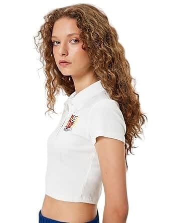 Polo Yaka Tişört Crop Düğmeli Kısa Kollu Kolej İşlemeli Slim Fit