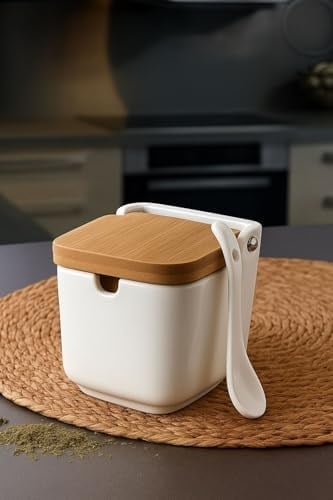 Porselen Kaşıklı 9X9X9 cm Tuz Saklama Kabı