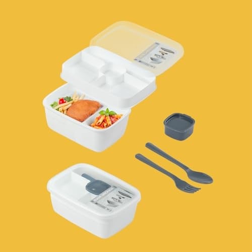 Porsima 3200 Vakumlu Kendinden Kaşık Çatallı Sosluklu Bölmeli Beslenme Çantası - Taşınabilir 2 Katlı Lunch Box - Sefer Tası 1200 Ml Beyaz