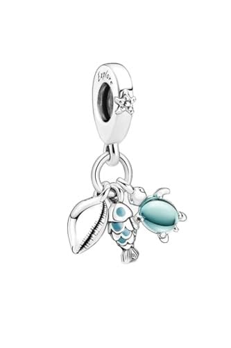 POSEİDONS JEWELLERY Balık, Deniz Kaplumbağası ve Deniz Kabuğu Üçlü Sallantılı Charm Mavi Tek Ebat