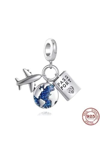 POSEİDONS JEWELLERY Üçlü Sallantılı Uçak,Dünya ve Kalp Temalı Pasaport Charm Mavi Tek Ebat