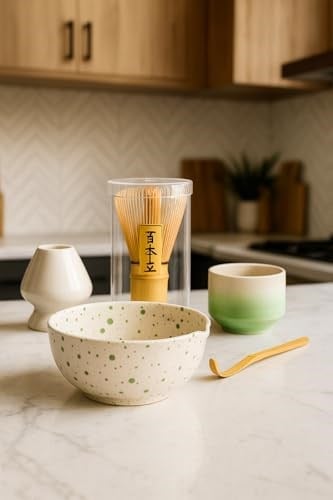 Premium Matcha Seti, Seramik Kase ve Bardak, Bambu Chasen Çırpıcı, Tutucu ve Kaşık Dahil, 5 Parça