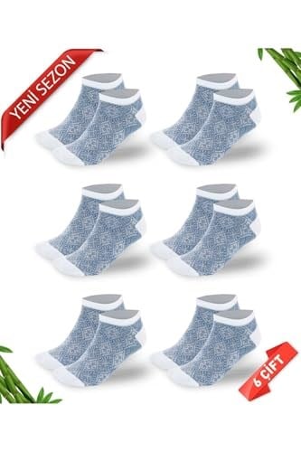 Premium Mavi Retro Desenli Kadın Bambu Patik Çorap 6'lı Set - 10558-retro