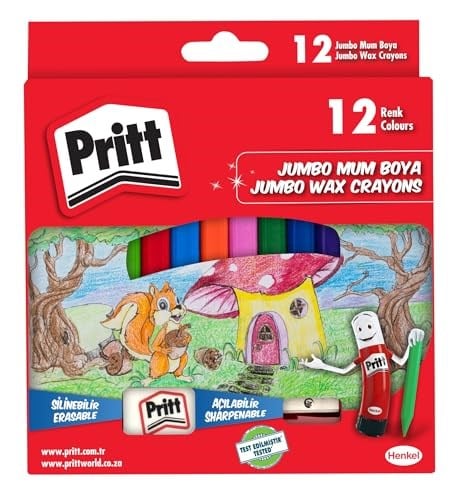 Pritt 12'li Jumbo Üçgen Silinebilir Pastel Boya (Mum Boya) + Silgi ve Kalemtıraş Hediyeli