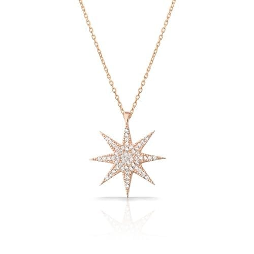 RACHON 925 AYAR GÜMÜŞ SEKİZ KÖŞELİ BEYAZ YILDIZ KOLYE ROSE GOLD RachonNM-407