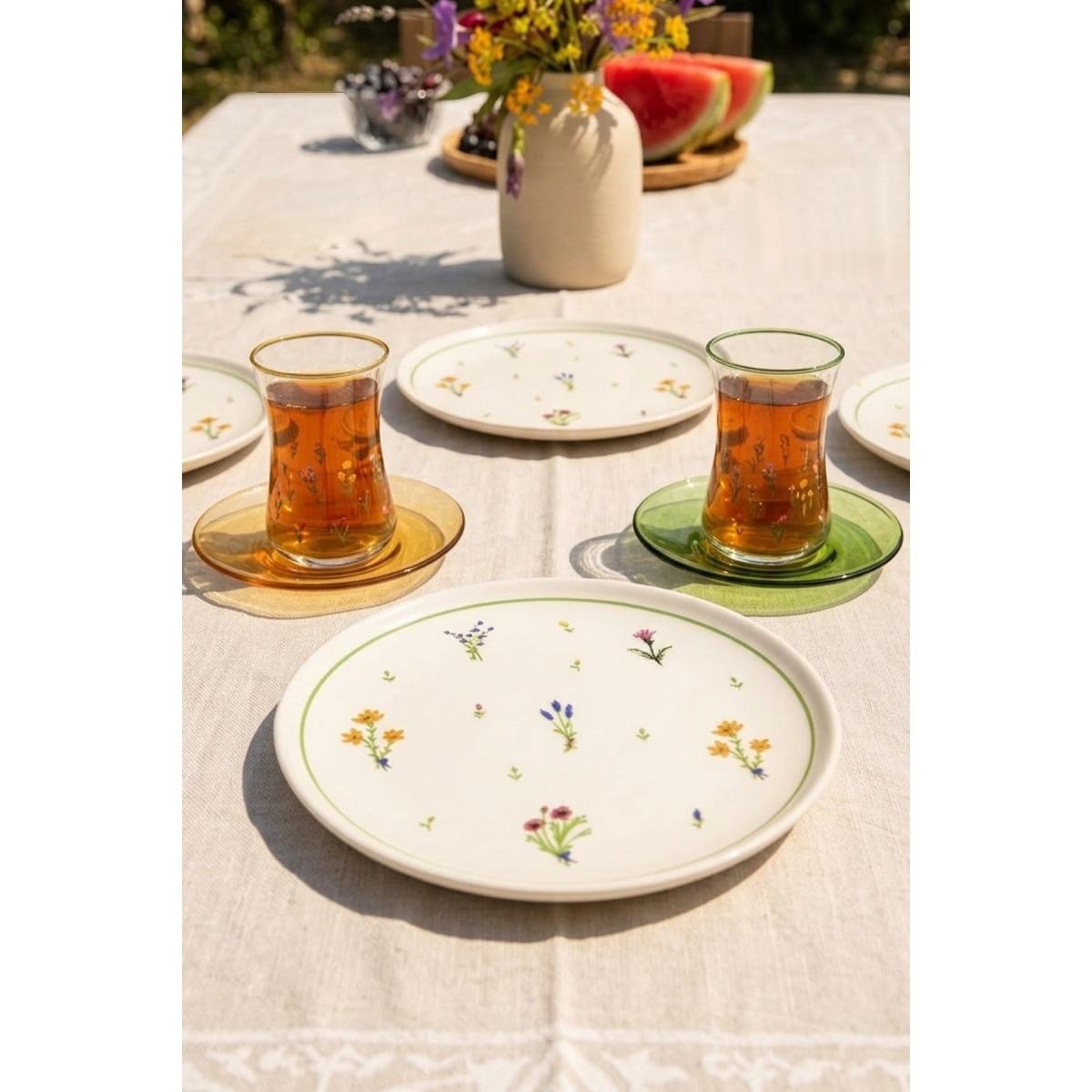 Rakle Botanical 12 Parça 4 Kişilik Seramik Pasta Tabağı Seti 20 Cm / Çay Seti 170 Cc
