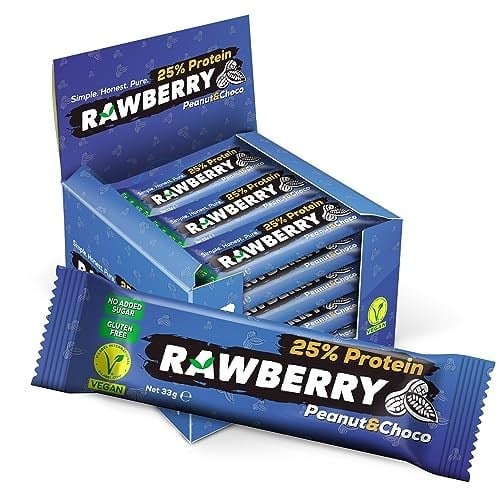 RAWBERRY%25 Protein Bar, Sağlıklı Atıştırmalık, Yer Fıstıklı ve Ham Kakaolu, İlave Şekersiz, Vegan, Glutensiz, Kuruyemiş ve Kuru Meyveli Bar (Kutuda 15 Adet))