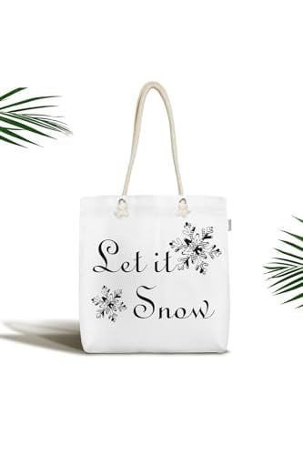 RealHomes Siyah Beyaz Let It Snow Temalı Dijital Baskılı Fermuarlı Kumaş Plaj Çantası, Canta-Ryl239