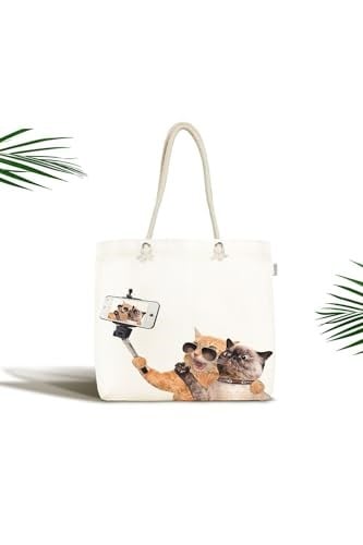 RealHomes Unisex Ekru Selfie Çekinen Köpekli Kedi Modern Fermuarlı Plaj Çantası, Canta-5634