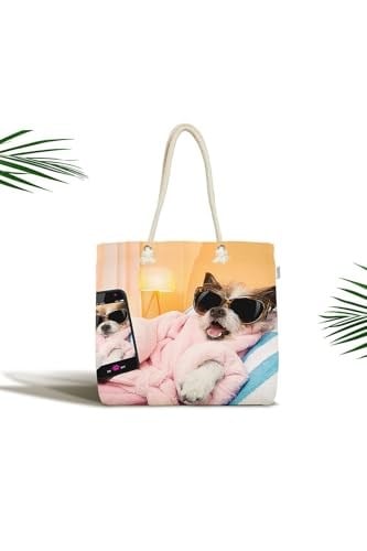 RealHomes Unisex Selfie Çekinen Köpek Modern Fermuarlı Plaj Çantası, Canta-5680