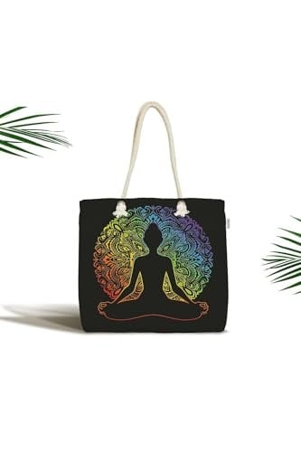 RealHomes Unisex Siyah Zeminde Gökkuşağı Motifli Uzak Doğu Yoga Desenli Fermuarlı Plaj Çantası, Canta-5046