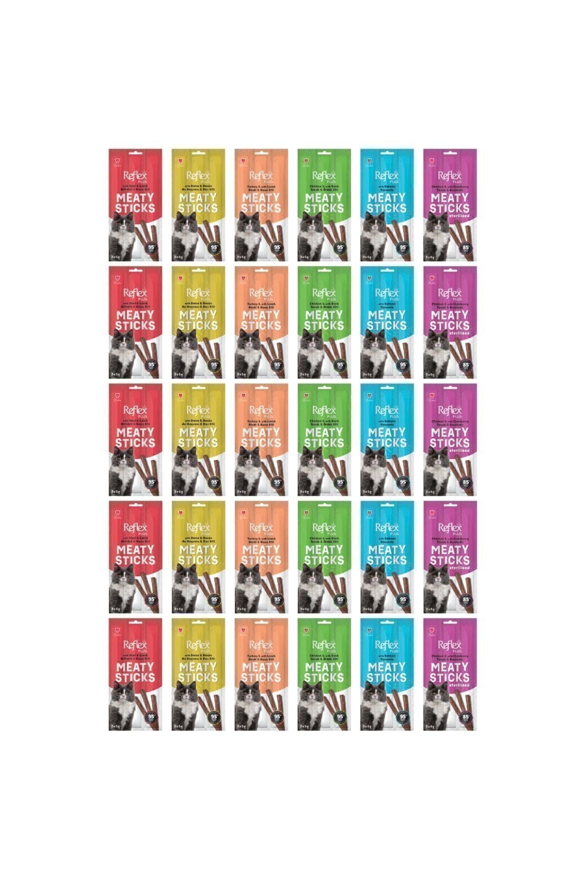 Reflex Kedi Ödülü, 3 Çeşit Karma Stick Treats, 30'lu Set