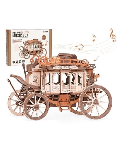 ROKR Yetişkinler için 3D Ahşap Model Kitleri Mekanik Müzik Kutusu Posta Arabası Modeli Yapı Kitleri Ahşap Yapboz Çocuklar ve Yetişkinler için Doğum Günü Hediyeleri, Posta Arabası AMKA1