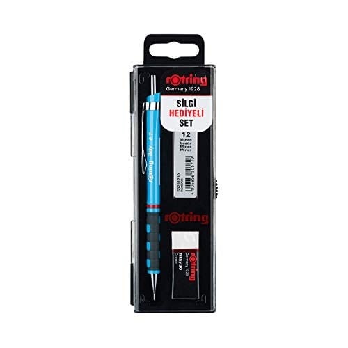 rOtring Tikky Mekanik Kurşun Kalem, Uç ve Silgi Seti, 0,7 mm Kalem, 2B Uç, Orta Boy Silgi, Açık Mavi, 3'lü Set
