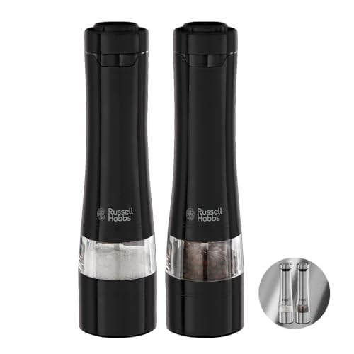 Russell Hobbs 28010-56 Tuz ve Karabiber Öğütücü Seti, Elektirikli, Seramik Öğütücü, İnce ve İri Ayarlanabilir Öğütme Seviyesi, LED Aydınlatma, Pille Çalıştırma, Baharat Öğütücü, Siyah