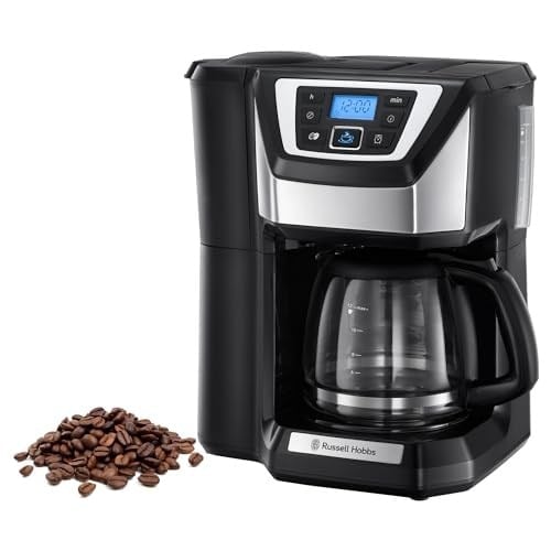 Russell Hobbs Victory Öğütücülü Kahve Makinesi (1,5 l cam sürahi, 12 fincan, dijital programlanabilir zamanlayıcı, öğütme ayarı, kahve çekirdekleri için kahve makinesi, filtre kahve makinesi 22000-56