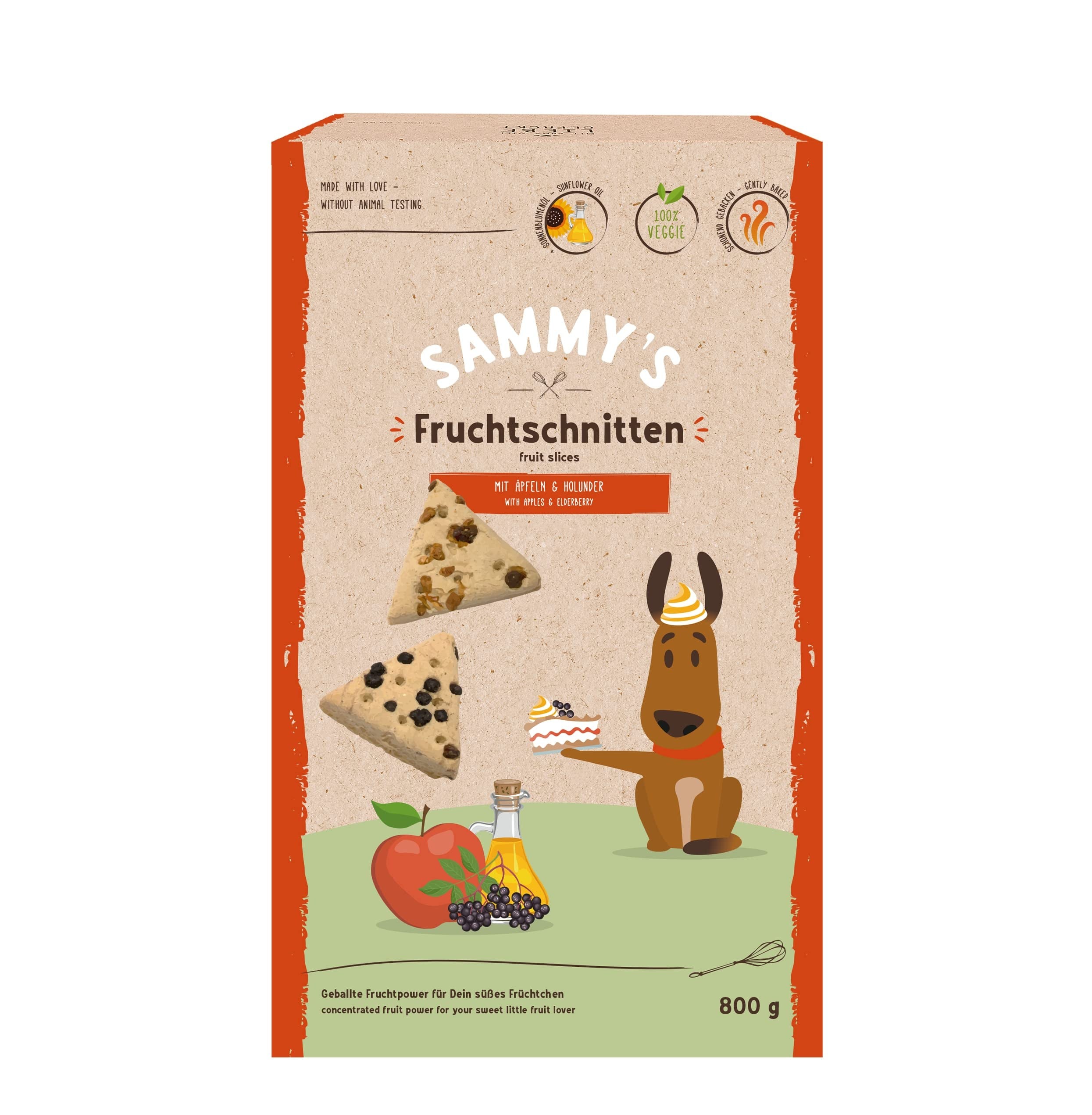 Sammy´s meyve kesimi, meyveli, pişmiş atıştırmalıklar, köpekler için, elma ve mürver ile, 1 x 800 g