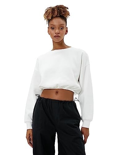 Şardonlu Crop Sweatshirt Bisiklet Yaka Beli Ribanalı Uzun Kollu