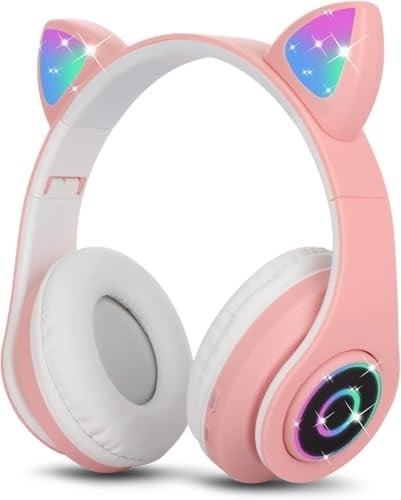 Sendowtek Çocuk Kulaklık, Kız Çocukları Bluetooth Kulak Üstü Sevimli Kedi Kulaklı Çocuk Kulaklığı LED Işıklı, Katlanabilir Kablosuz Çocuk Kulaklık Erkek Yetişkinler İçin Okul/Tablet/PC/Telefon
