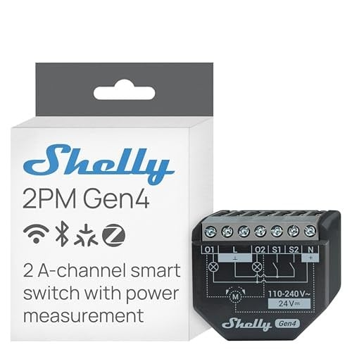 Shelly 2PM Gen4, Wi-Fi ile çalışan akıllı röle şalteri, 16A, güç ölçümü, panjur şalteri, ev otomasyonu, uzaktan kumanda, hub gerekmez, Alexa, HomeKit & Googlе, Zigbee, Matter, 1 adet