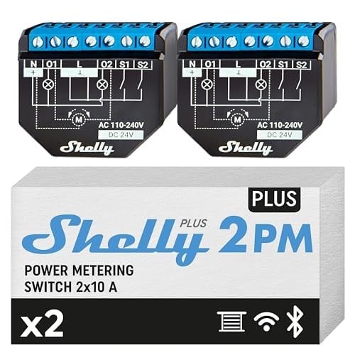 Shelly Plus 2PM, Wi-Fi ve Bluetooth 2 kanallı akıllı röle şalteri, güç ölçümü, ev otomasyonu, panjur uzaktan kumanda, Alexa ve Google Home, iOS Android uygulaması (2'li paket)