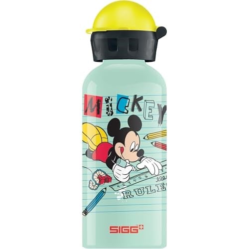 SIGG - KBT Disney Mickey Mouse School alüminyum içecek şişesi, sızdırmaz ve kırılmaz, tüy kadar hafif, BPA içermez, iklime zarar vermez sertifikalı, spor ve okul, beyaz yeşil, 0,4 l