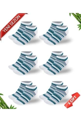 Sim Detaylı Çizgi Desenli Kadın Bambu Patik Çorap 6lı Set