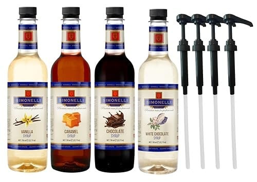 SIMONELLI CHOCOLATE Kahve ve Kokteyl Şurubu 700 ml 4'lü Set Karamel+Vanilya+Çikolata+Beyaz Çikolata + 4 Adet Pompa