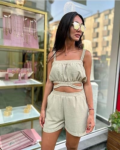 Sinem Altın Collection Keten Şortlu Takım,Haki Yeşili