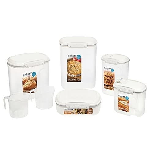 Sistema BAKE IT pişirme seti saklama kutusu seti, kapaklı 5 dökme kutusu ve 2 ölçüm kabı, BPA içermez, müsli, un, makarna ve daha fazlası için mükemmel