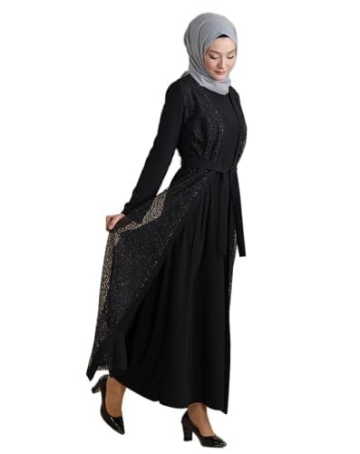 Siyah İkili Abaya Transparan Kristal Taşlı Kemerli Tesettür Ferace