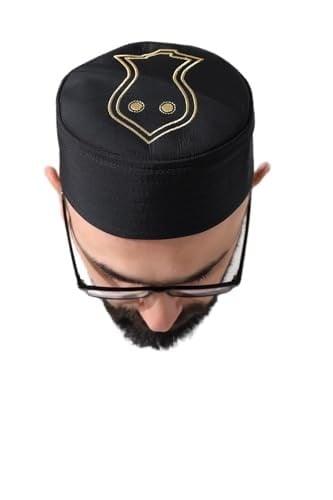 Siyah Kapitone Nalı Şerif Nakışlı Kalıp Namaz Takkesi