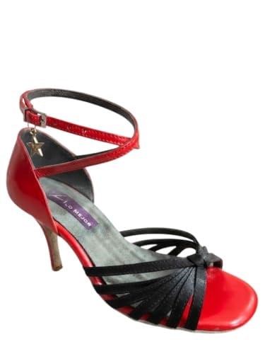 SİYAH -KIRMIZI SATEN 7 BANTSATEN DANS VE SALON AYAKKABISI 8,5 CM 13 PONT KONİ MODEL KAPALI TOPUK