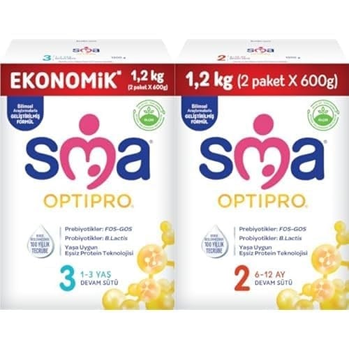 SMA Optipro 3, 1-3 Yaş Devam Sütü, 1.2 kg (2 x 600 g) ve SMA Optipro 2, 6-12 Ay Bebek Sütü, 1.2 kg (2 x 600 g)