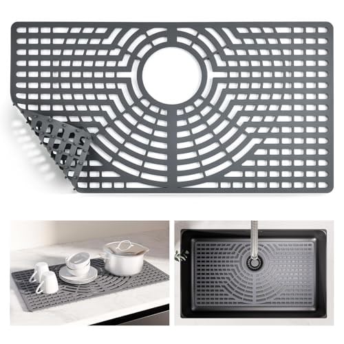 Snuggery Silikon Lavabo Paspası 66 cm x 35,5 cm, Arka Tahliye Deliği, Isıya Dayanıklı, Kaymaz Bulaşık Makinesine Uygun, Büyük Lavabo Koruyucuları Çiftlik Evi Mutfak Altı için Mutfak Lavabosu için
