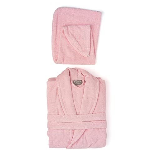 Soley | Mayda | Ekstra Yumuşak%100 Pamuklu Saç Bonesi & Kadın Bornoz Seti PEMBE S - BEDEN