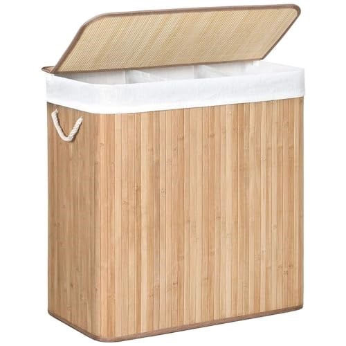 SONGMICS çamaşır sepeti, çamaşır toplayıcı, bambudan yapılmış, kulplu çamaşır sandığı, 3 bölme, klipsli kapak, 150 L, katlanabilir, çamaşır odası, yatak odası, banyo, doğal  - Seçenekler: 100 L, 150 L