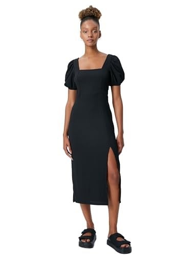 Square Neck Puff Sleeve Midi Slit Dress