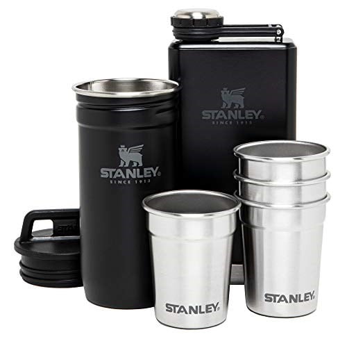 Stanley Adventure Pre-Party Flask and Nesting Shot Glass Set | 8 oz Leakproof Hip Flask | 4 Shot Glasses in Travel Carrying Case | Insulated Stainless Steel Liquor Flask | BPA-Free | Matte Black
